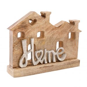 Casetta in legno con scritta "Home" in alluminio