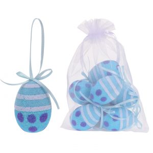 Sacchetto con 6 uova decorate in azzurro con glitter da appendere