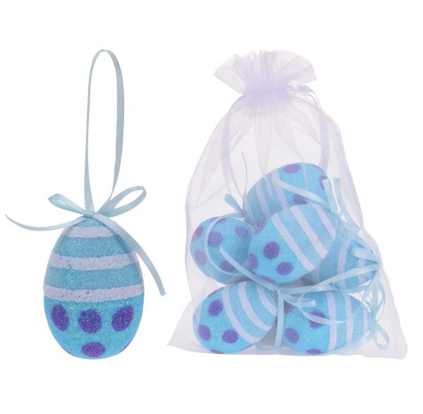 Sacchetto con 6 uova decorate in azzurro con glitter da appendere