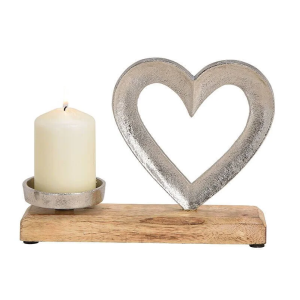 Porta candele con cuore in alluminio su base in legno