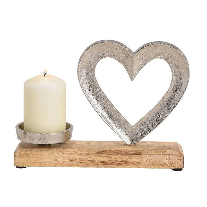 Porta candele con cuore in alluminio su base in legno - Alice Home