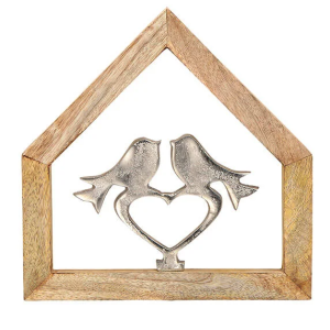 Casetta in legno con uccellini e cuore in alluminio