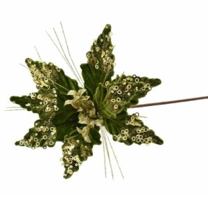 Fiore stella di Natale verde con glitter champagne e gambo lungo