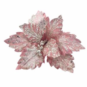Fiore stella di Natale rosa con glitter argento e gambo corto