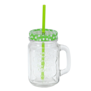 Bicchiere in vetro con tappo e cannuccia verde