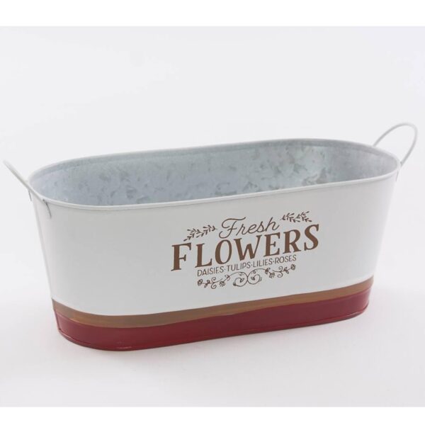 Portavaso ovale in latta Flowers bianco