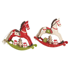 Cavallo a dondolo in legno con regali di Natale