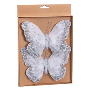 Set 2 farfalle bianche con glitter 18cm