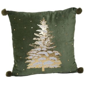 Cuscino in velluto verde con albero di Natale oro e nappine