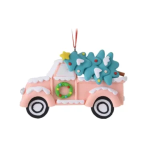 Pendente camioncino rosa con albero di Natale in argilla