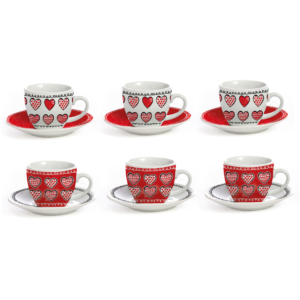 Set 6 tazzine da caffè con piattino Shabby Hearts rosso