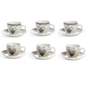 Set 6 tazzine da caffè con piattino Shabby Hearts tortora