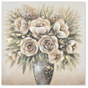 Quadro con vaso a cono, fiori beige e glitter oro
