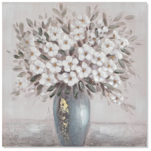 Quadro con vaso di fiori bianchi e glitter