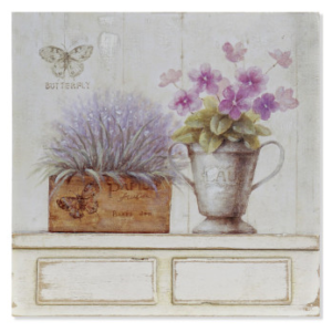 Quadretto in legno con lavanda, farfalle e fiori