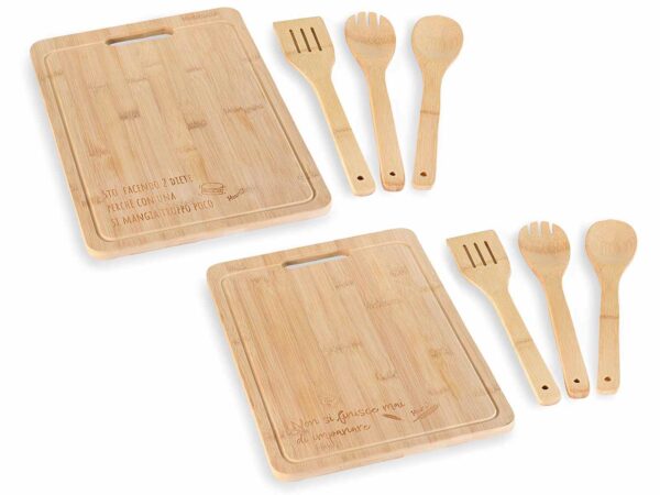 Set tagliere con 3 utensili in bamboo e scritte - immagine 4