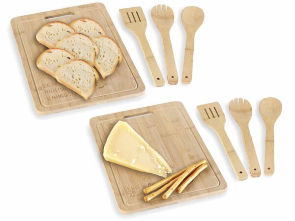 Set tagliere con 3 utensili in bamboo e scritte - immagine 3