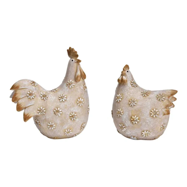 Gallo o gallina in polyresina con fiorellini
