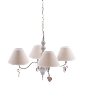 Lampadario a 4 bracci grigio/ecru in ferro con cuoricini