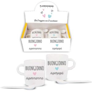 Set 2 tazzine Supermamma e Superpapà con cucchiaino