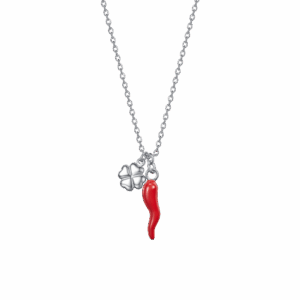Collana donna in acciaio con corno rosso e quadrifoglio