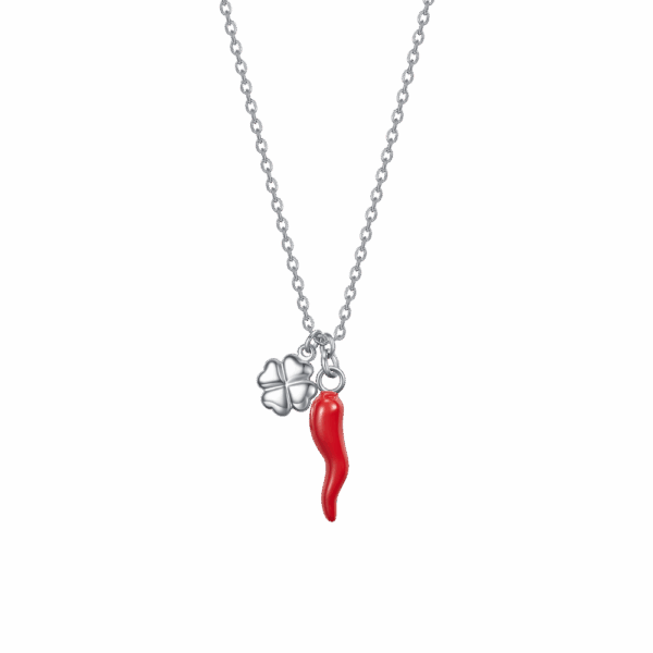 Collana donna in acciaio con corno rosso e quadrifoglio