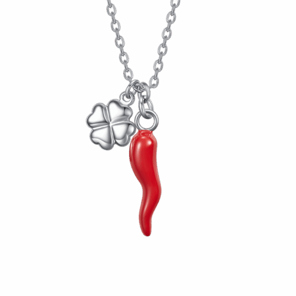 Collana donna in acciaio con corno rosso e quadrifoglio - immagine 2