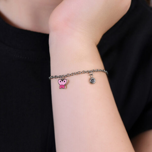 Bracciale bambina in acciaio con farfalla e cristallo - immagine 4