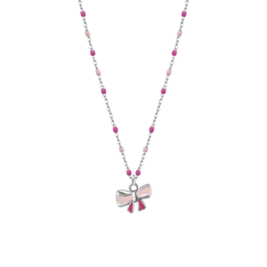 Collana bambina in acciaio con fiocco e pietre rosa e fucsia