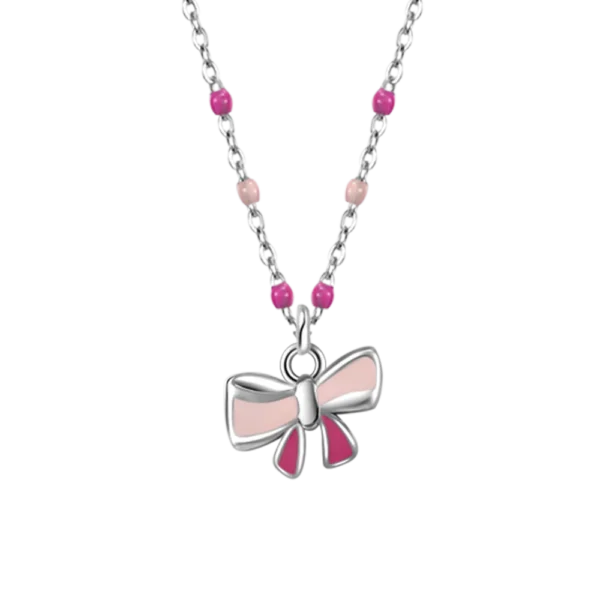 Collana bambina in acciaio con fiocco e pietre rosa e fucsia - immagine 2
