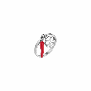 Anello donna in acciaio con corno rosso e quadrifoglio