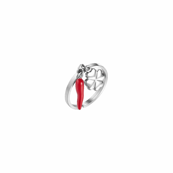 Anello donna in acciaio con corno rosso e quadrifoglio