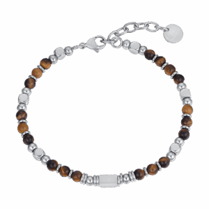 Bracciale uomo in acciaio con pietre marrone occhio di tigre