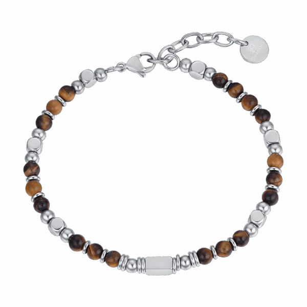 Bracciale uomo in acciaio con pietre marrone occhio di tigre