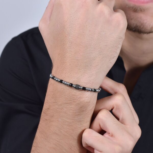 Bracciale uomo in acciaio con agata nera ed elementi - immagine 3