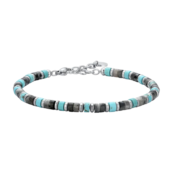 Bracciale uomo in acciaio con pietre grigie e turchesi