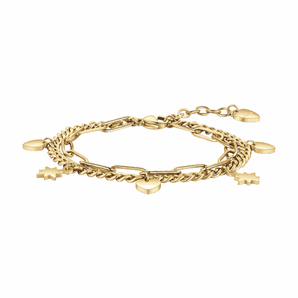 Bracciale donna in acciaio IP gold con catena, cuori e stelle - immagine 3