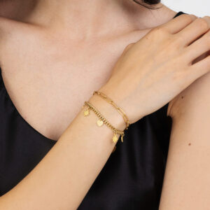 Bracciale donna in acciaio IP gold con catena, cuori e stelle
