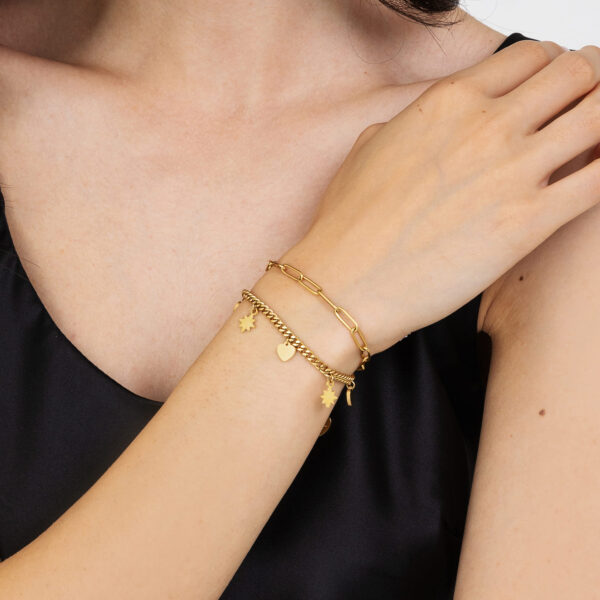 Bracciale donna in acciaio IP gold con catena, cuori e stelle