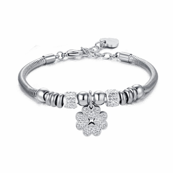 Bracciale donna in acciaio con quadrifoglio e cristalli