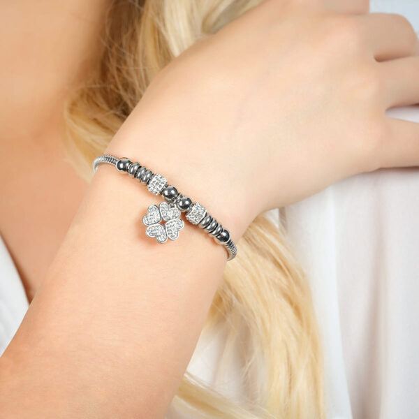 Bracciale donna in acciaio con quadrifoglio e cristalli - immagine 3