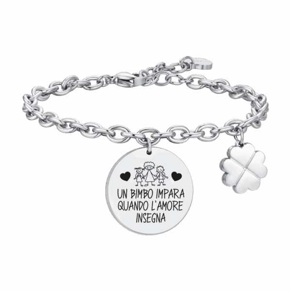 Bracciale donna in acciaio con scritta "Un bimbo impara quando l'amore insegna"