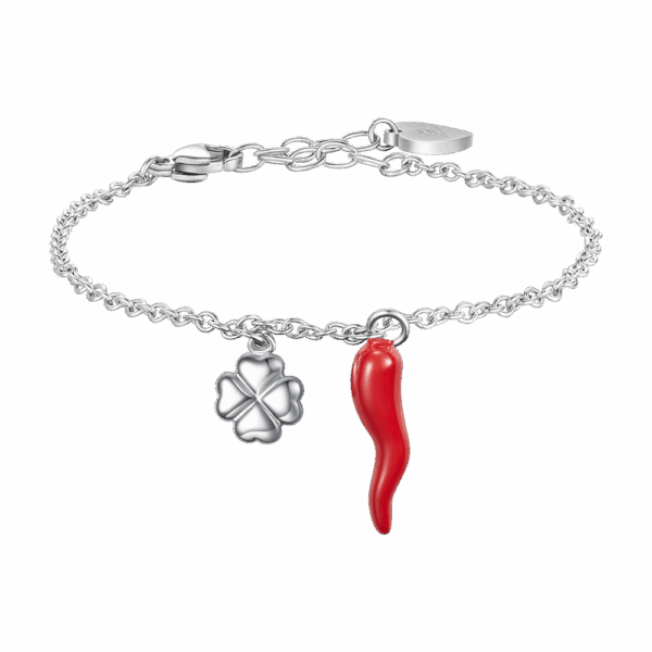 Bracciale donna in acciaio con corno rosso e quadrifoglio