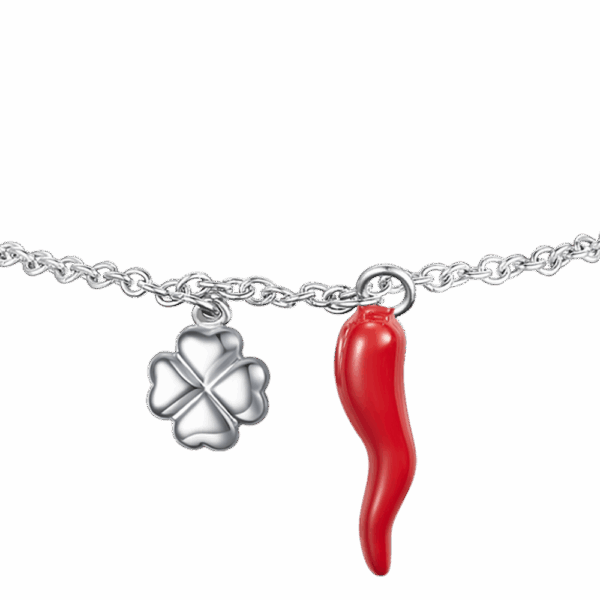 Bracciale donna in acciaio con corno rosso e quadrifoglio - immagine 3