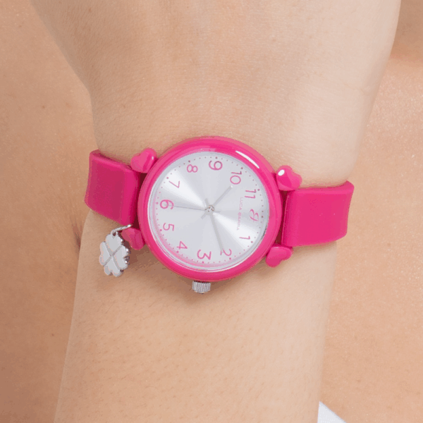 Orologio donna in silicone fucsia con quadrifoglio in acciaio - immagine 3