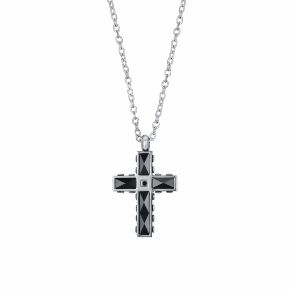 Collana uomo in acciaio con croce in ceramica nera e cristallo