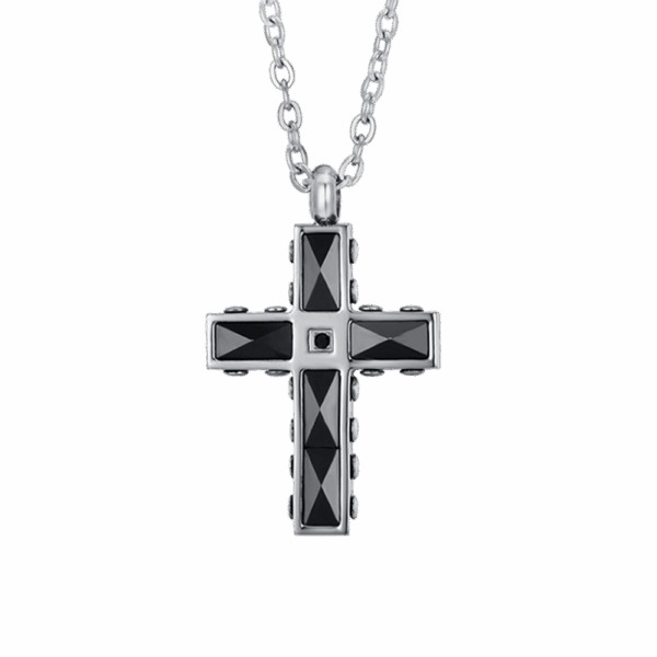 Collana uomo in acciaio con croce in ceramica nera e cristallo - immagine 5