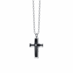Collana uomo in acciaio con croce in IP nero e zircone