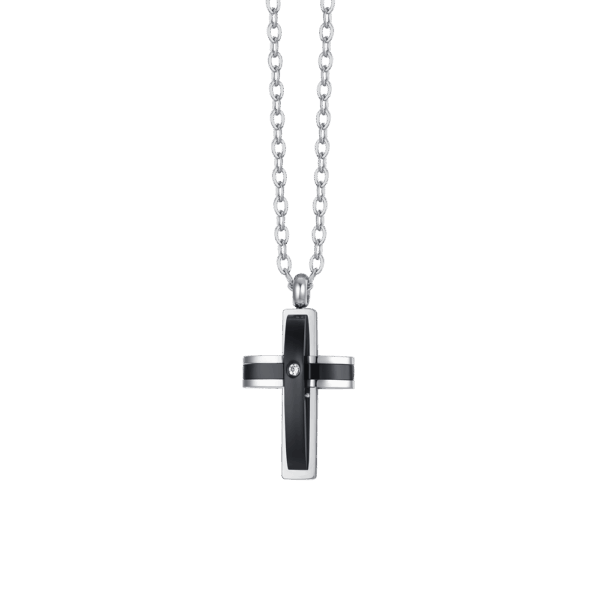 Collana uomo in acciaio con croce in IP nero e zircone
