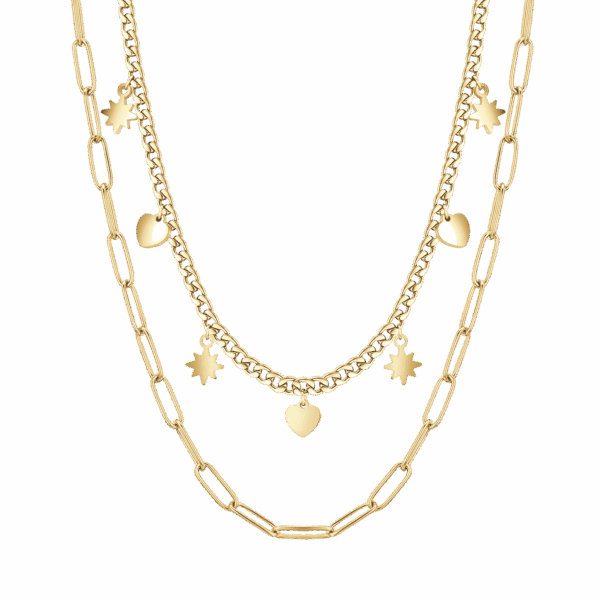 Collana donna in acciaio IP gold multifilo con stelle e cuori - immagine 4